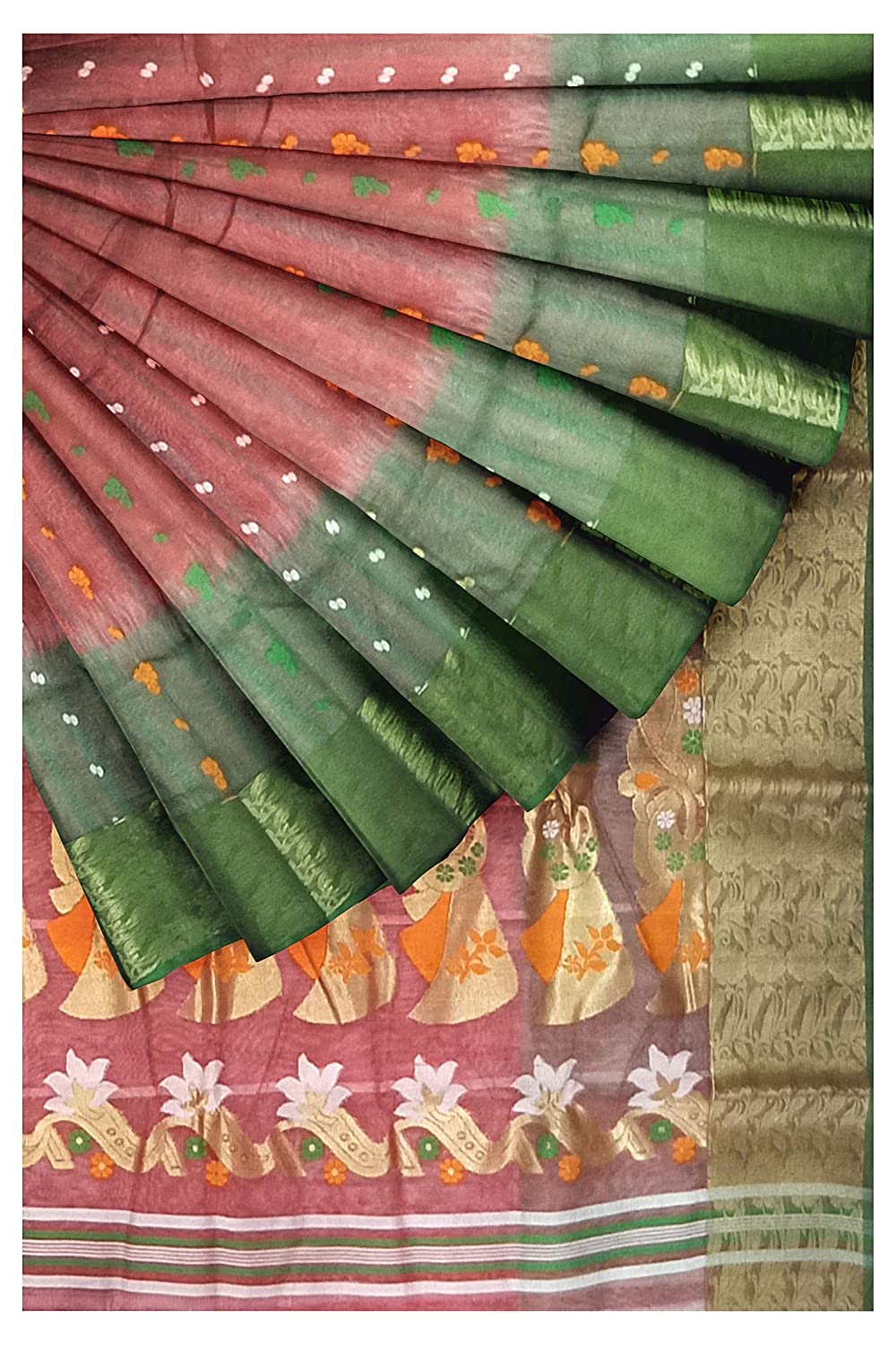 Pradip Fabrics Ethnic Women's Tant Silk Green and Orange Baluchari Color Saree