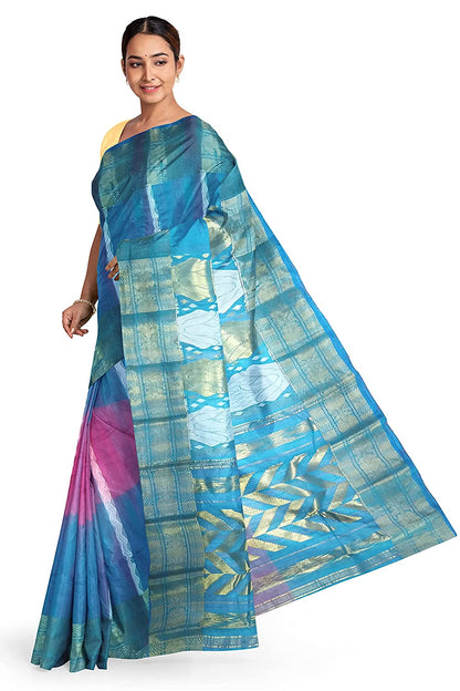 Pradip Fabrics Blue and Pink Tant Silk Blend Saree