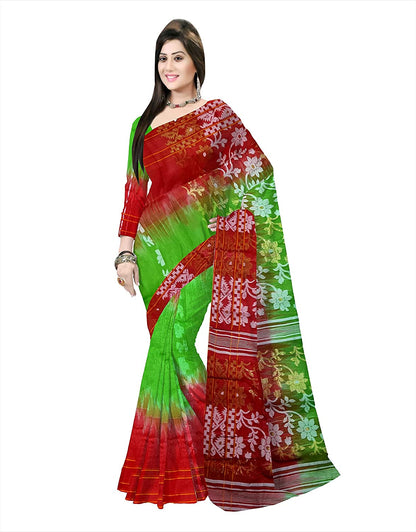 Pradip Fabrics Ethnic Women's Cotton Tant Gap Jamdani Red and Green Color Saree