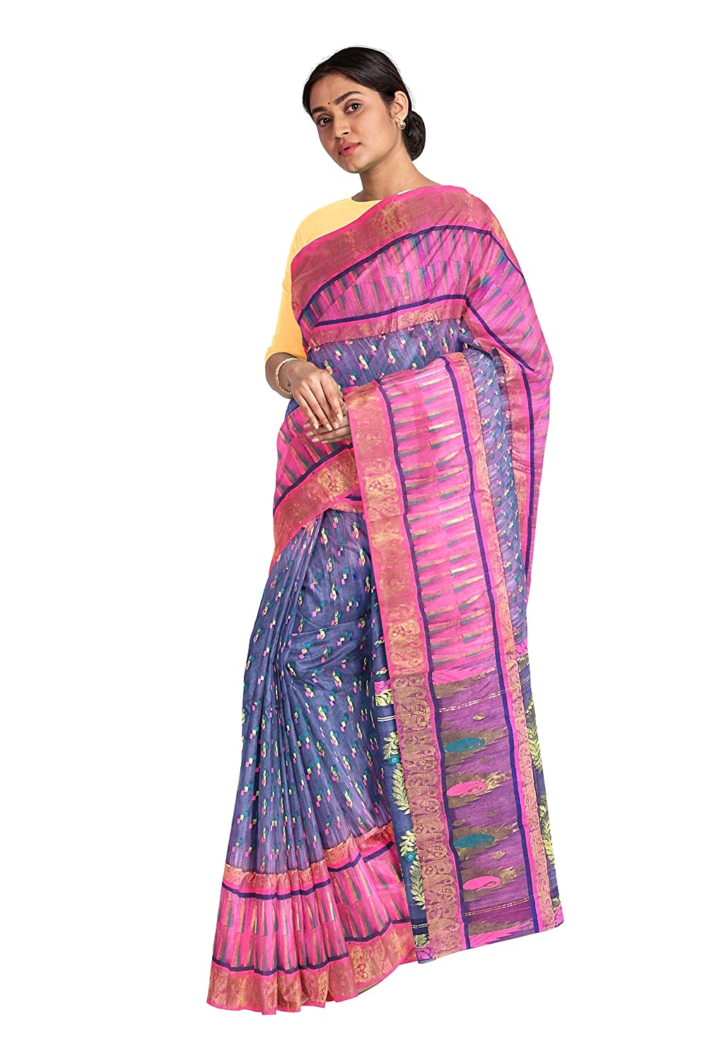 Pradip Fabrics Ethnic Women's All over Tant Jamdani Blue and Pink Color Saree