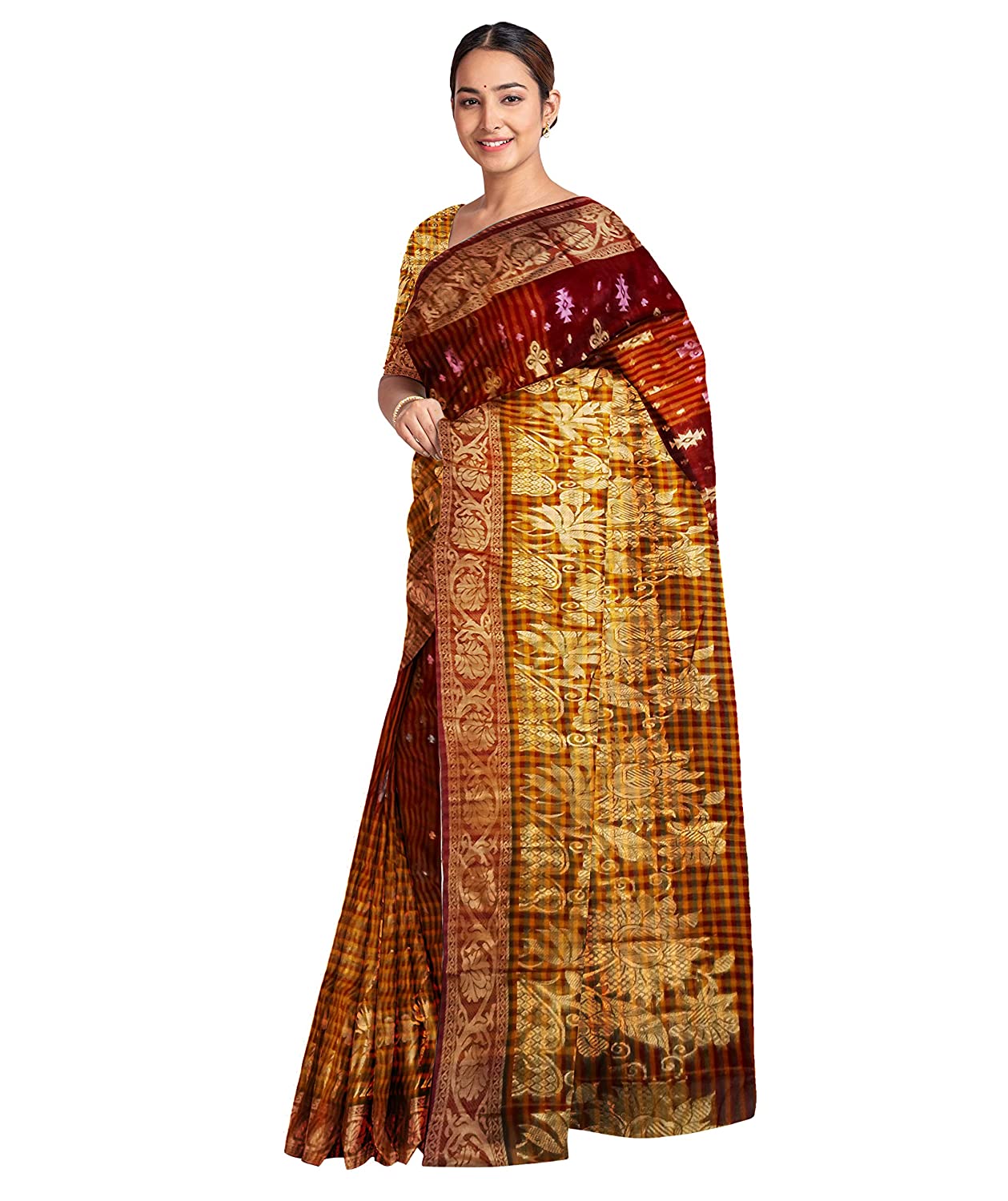Pradip Fabrics Ethnic Women's and Girl's Maroon and Gold Baluchari saree