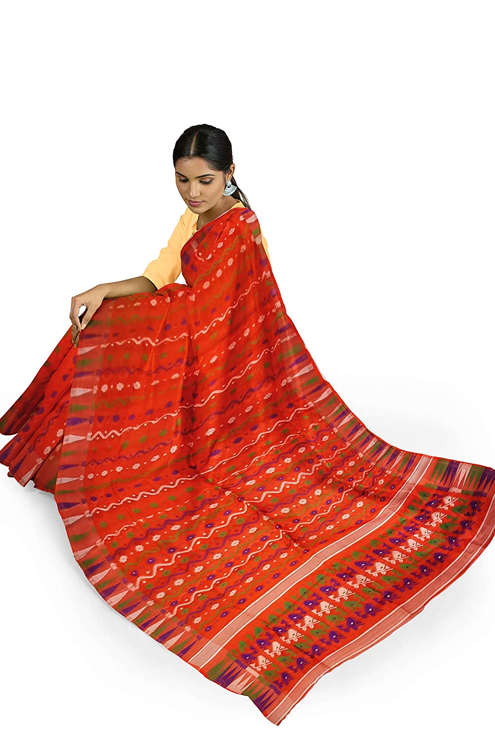 Pradip Fabrics Ethnic Women's Tant Jamdani Dark Orange Color Saree