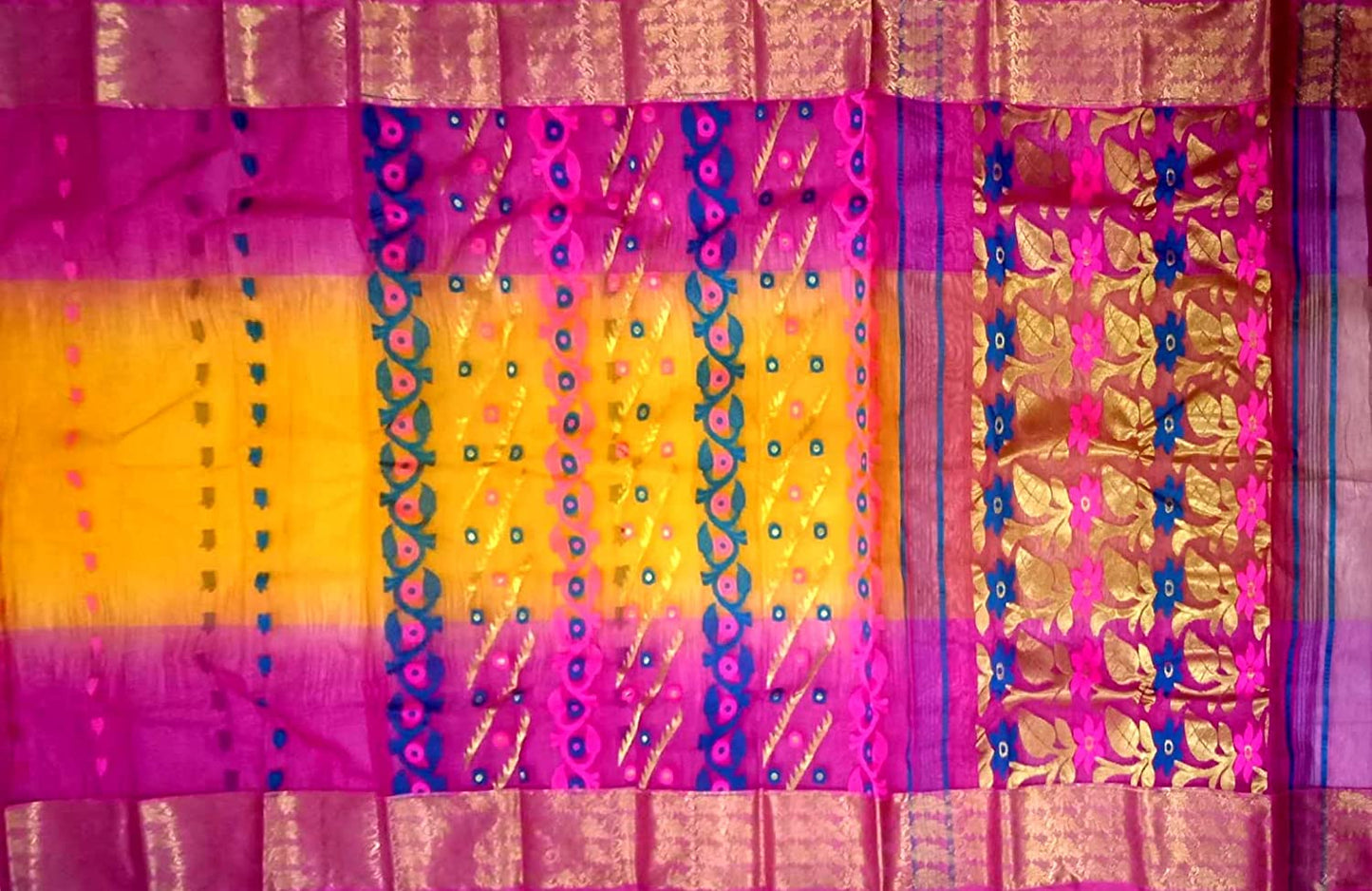 Pradip Fabrics Ethnic Women's Tant Silk Pink and Yellow Color Baluchari Saree