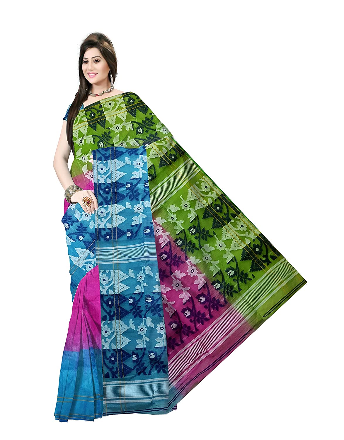 Pradip Fabrics Ethnic Women's Cotton Tant Gap Jamdani Green,Pink, and Aqua Color Saree