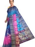 Pradip Fabrics Woven Pink and Blue Tant Silk Blend Saree