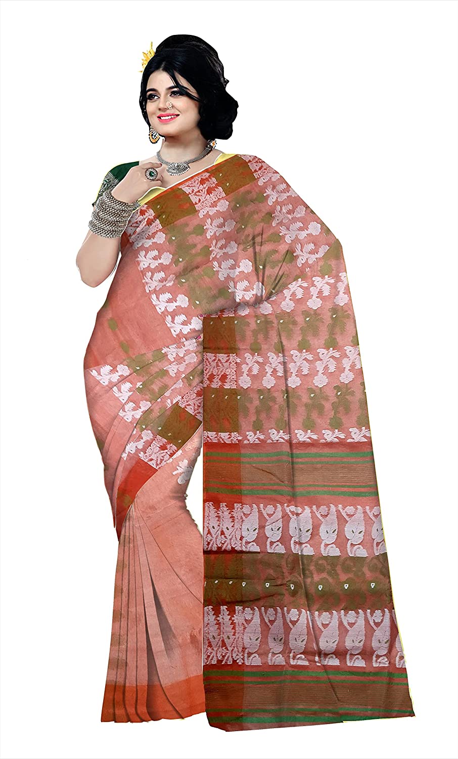 Pradip Fabrics Ethnic Women's Cotton Tant Cotton Light Orange Color Saree