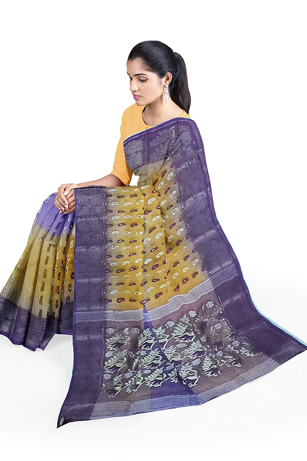 Pradip Fabrics Ethnic Women's Tant Silk Yellow and Blue Color Saree