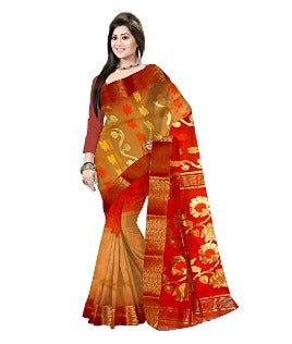 Pradip Fabrics Ethnic Women's Tant Silk Red and Yellow Color Saree