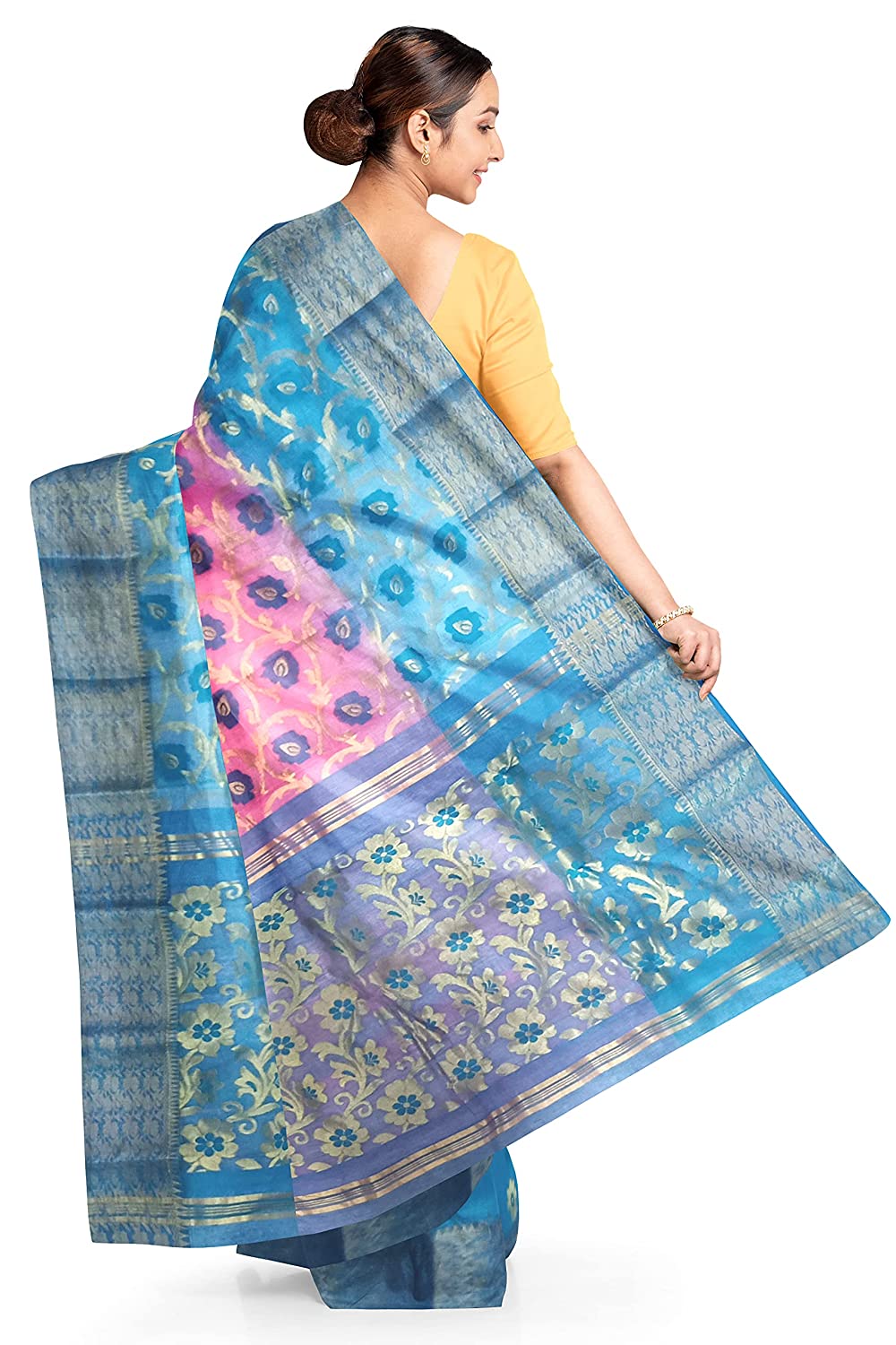 Pradip Fabrics Blue and Pink Tant Silk Blend Saree