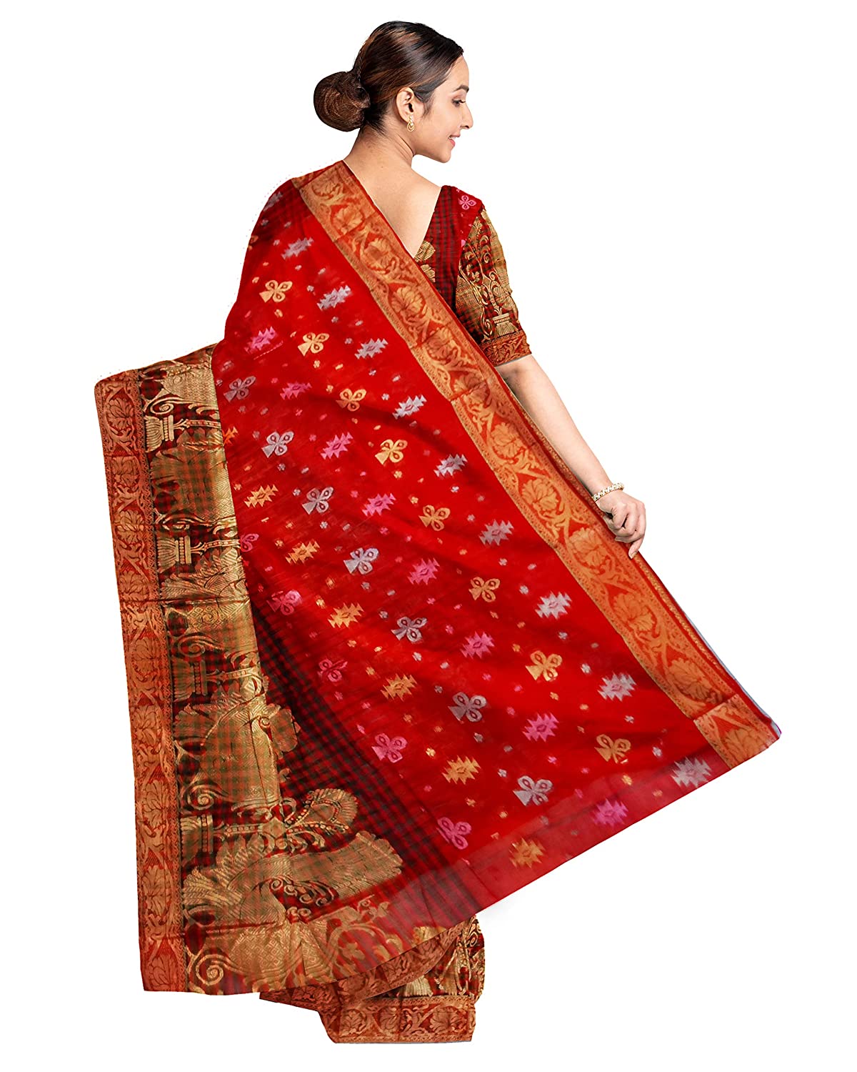 Pradip Fabrics Ethnic Women's and Girl's Red and Golden color Baluchari saree