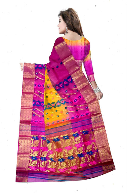 Pradip Fabrics Ethnic Women's Tant Silk Pink and Yellow Color Baluchari Saree