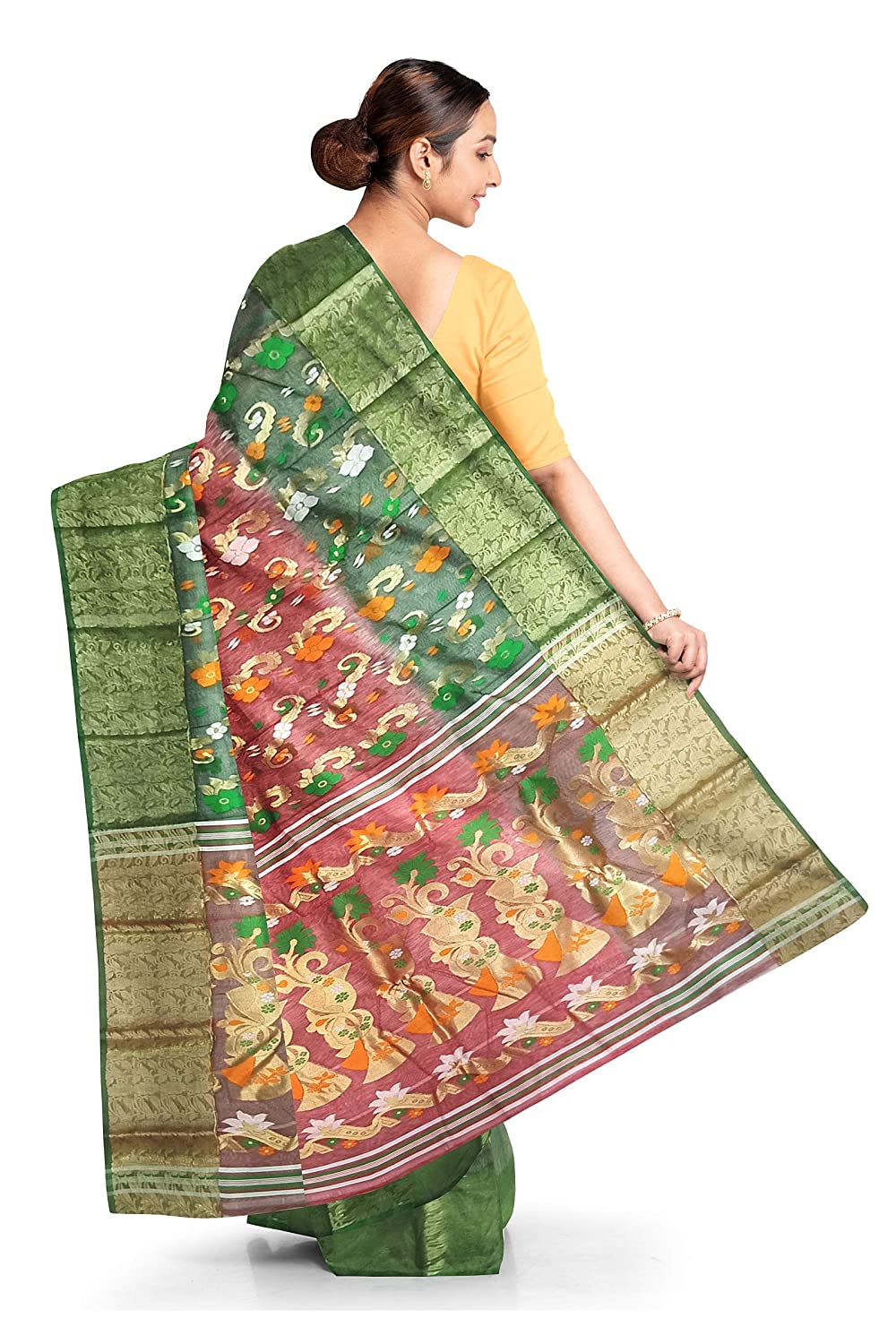 Pradip Fabrics Ethnic Women's Tant Silk Green and Orange Baluchari Color Saree