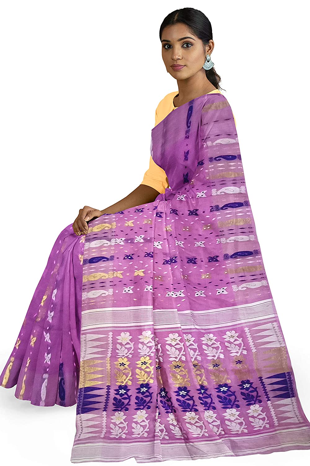 Pradip Fabrics Ethnic Women's Tant Jamdani Purple Color Saree