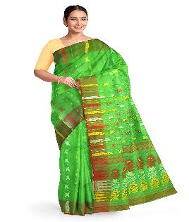 Pradip Fabrics Ethnic Women's Tant Jamdani Green Color Saree