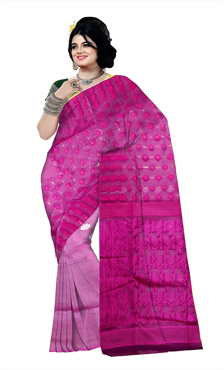 Pradip Fabrics Ethnic Women's Tant jamdani Magenta Color Saree
