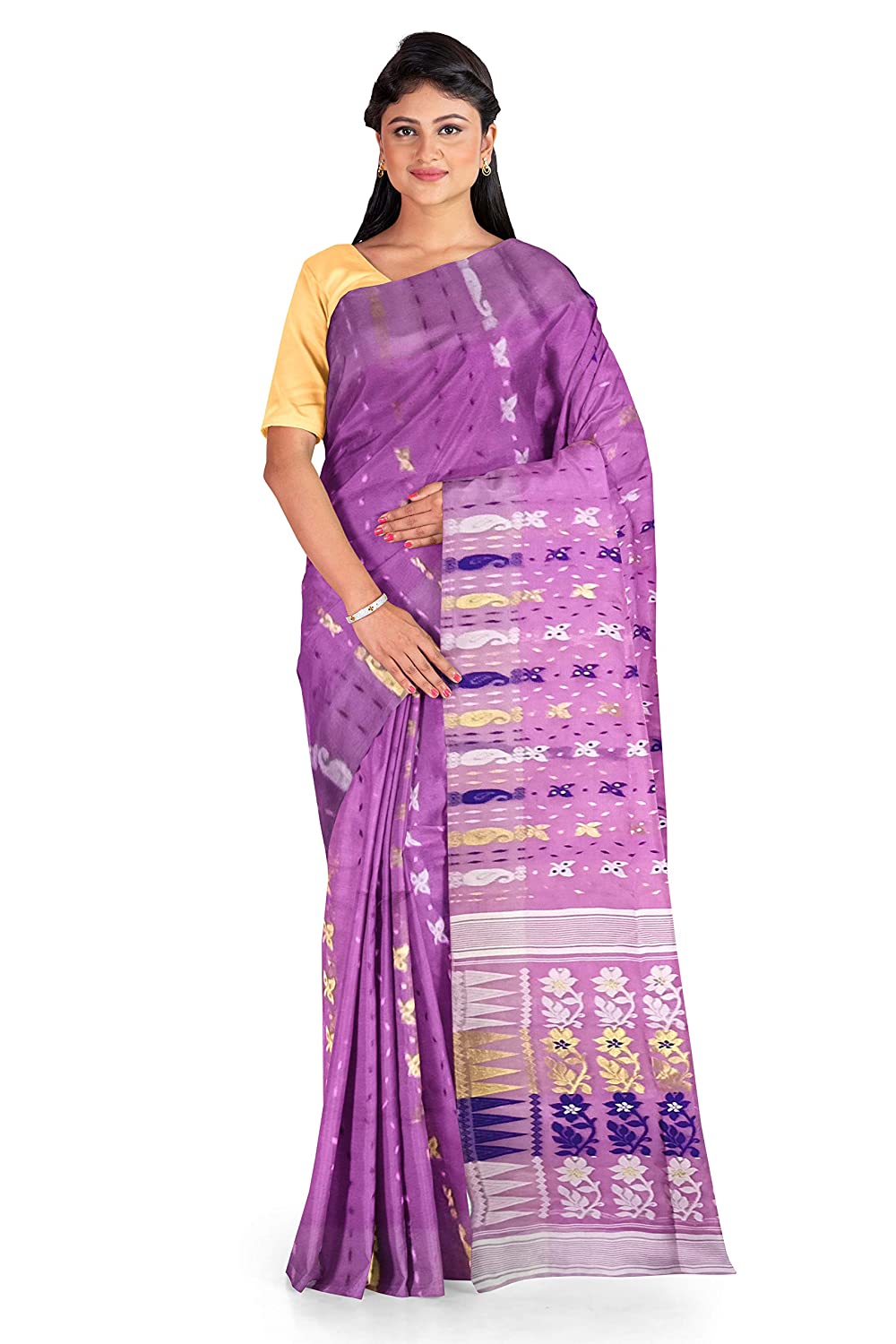 Pradip Fabrics Ethnic Women's Tant Jamdani Purple Color Saree