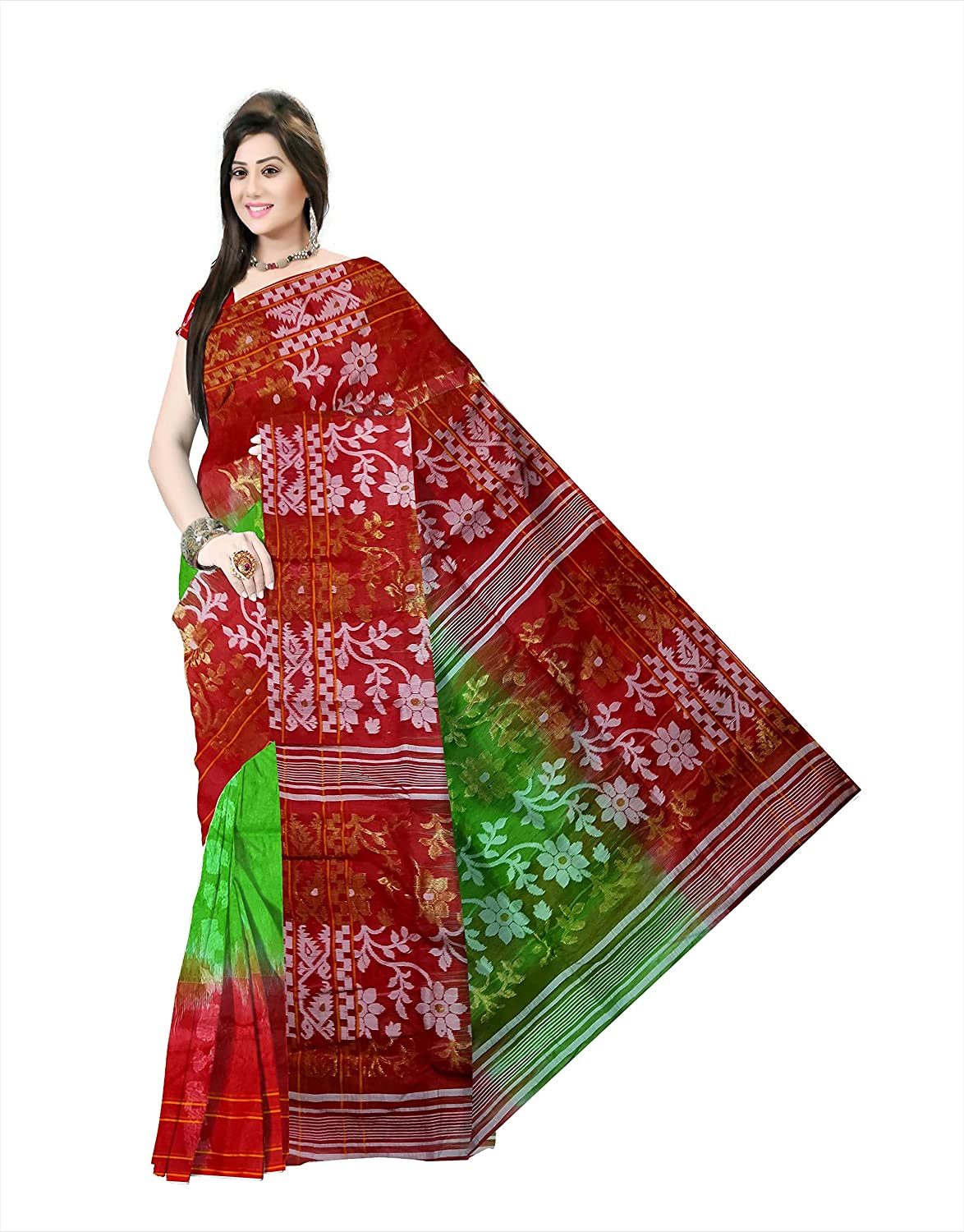 Pradip Fabrics Ethnic Women's Cotton Tant Gap Jamdani Red and Green Color Saree