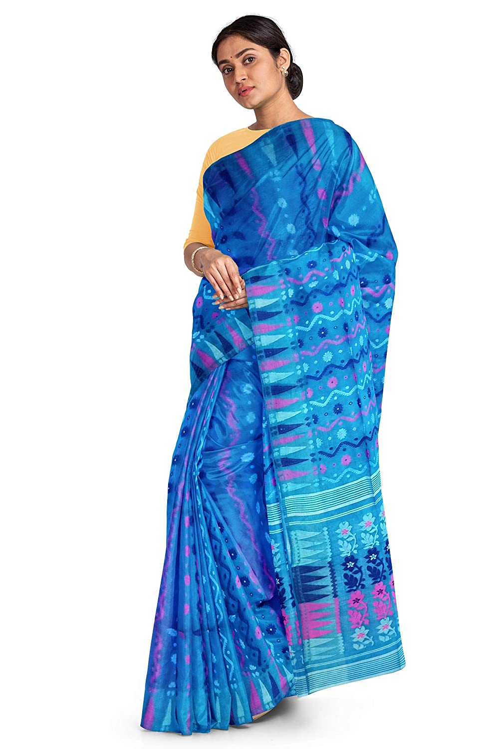 Pradip Fabrics Ethnic Women's Tant Jamdani Blue Color Saree