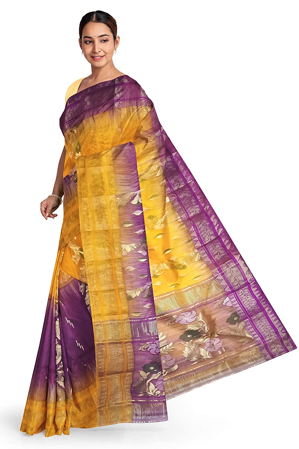 Pradip Fabrics Yellow and Purple Color Tant Silk Blend Saree