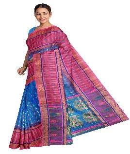 Pradip Fabrics Woven Tant Silk Blue and Pink Jamdani Saree