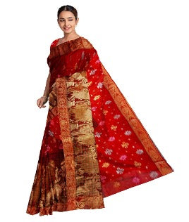 Pradip Fabrics Ethnic Women's and Girl's Red and Golden color Baluchari saree