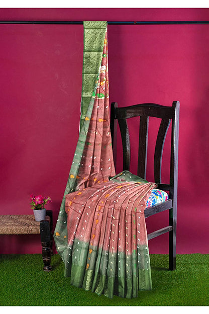 Pradip Fabrics Ethnic Women's Tant Silk Green and Orange Baluchari Color Saree