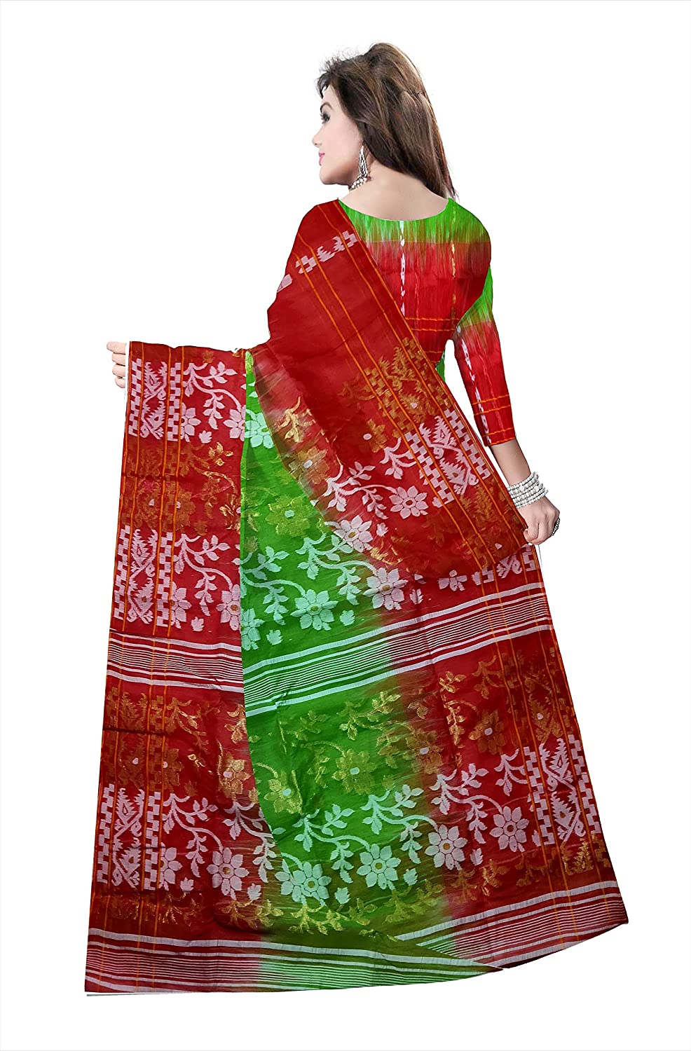 Pradip Fabrics Ethnic Women's Cotton Tant Gap Jamdani Red and Green Color Saree