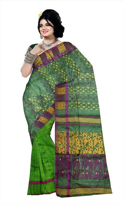 Pradip Fabrics Ethnic Women's Tant jamdani Green Color Saree