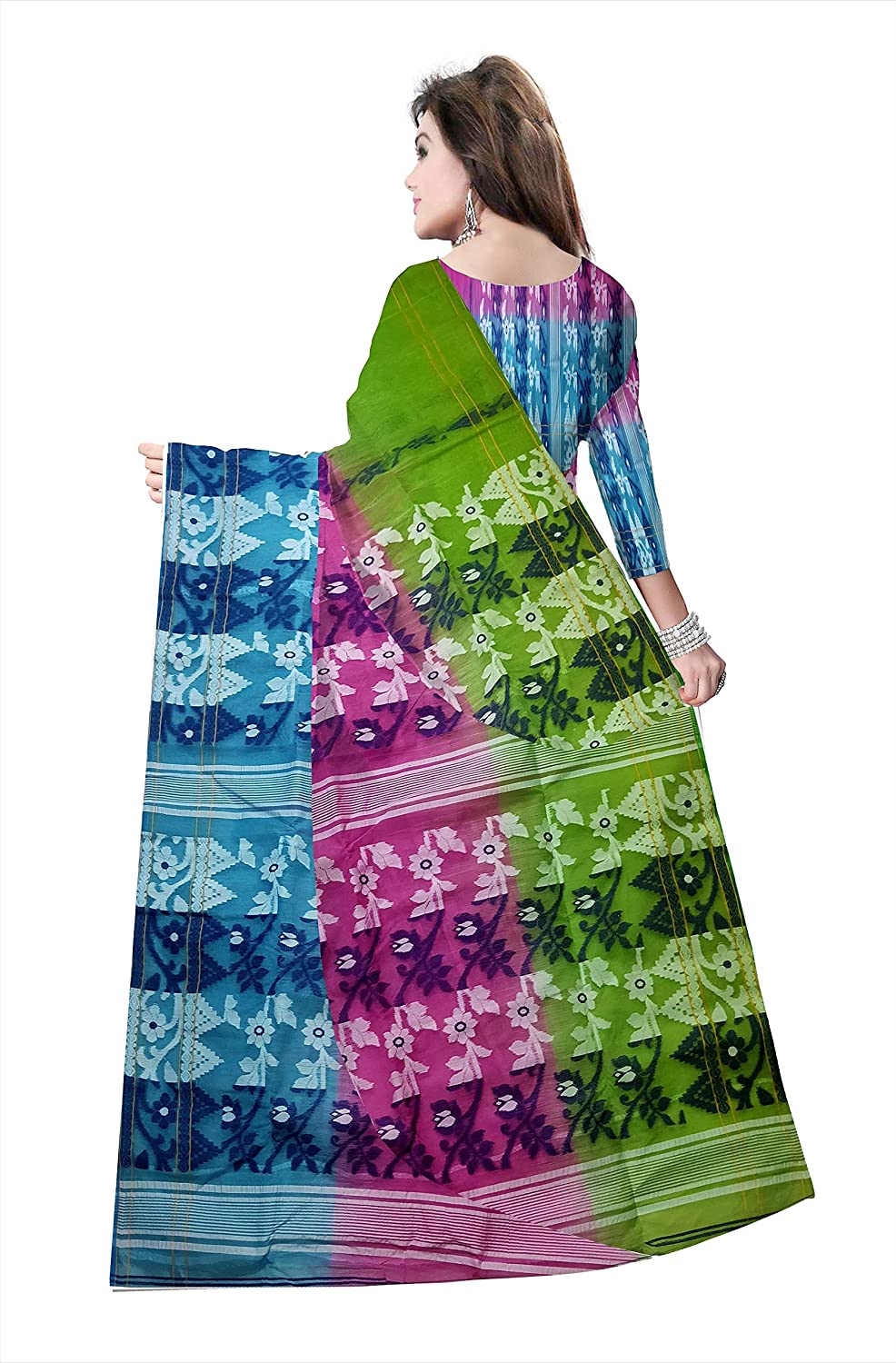 Pradip Fabrics Ethnic Women's Cotton Tant Gap Jamdani Green,Pink, and Aqua Color Saree