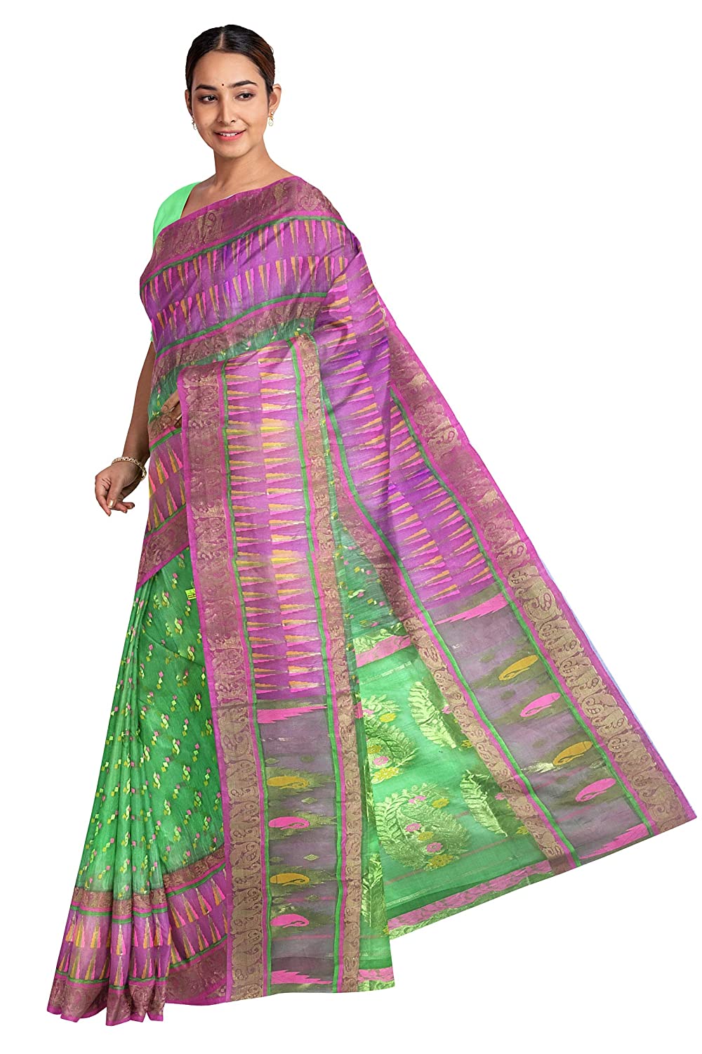 Pradip Fabrics Ethnic Women's All over Tant Jamdani Light Green and Pink Color Saree