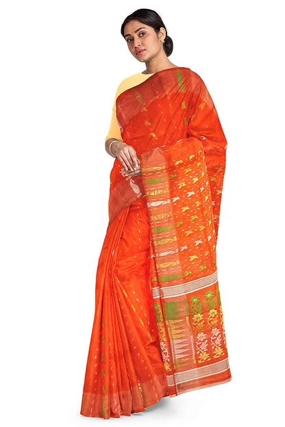 Pradip Fabrics Ethnic Women's Tant Jamdani Dark Orange Color Saree