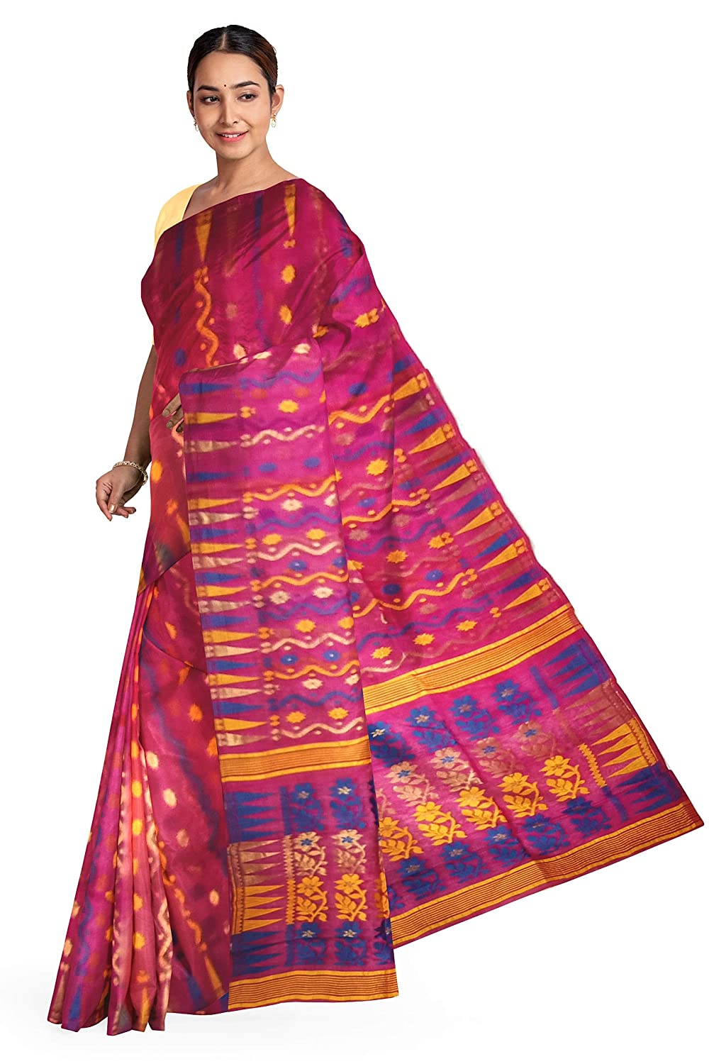 Pradip Fabrics Ethnic Women's Tant Jamdani Dark Pink Color Saree