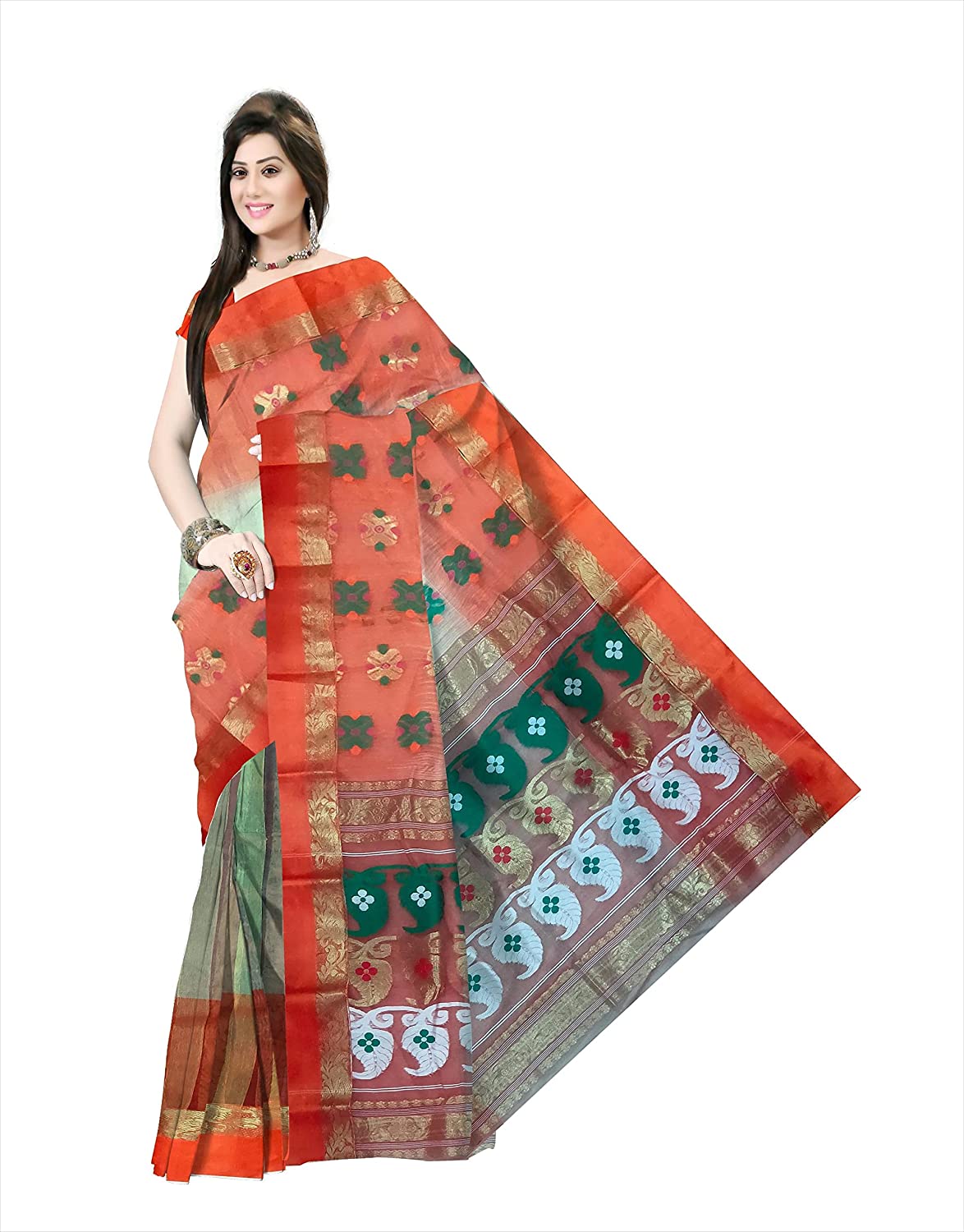 Pradip Fabrics Ethnic Women's Tant Silk Orange and White Color Saree