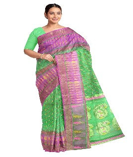 Pradip Fabrics Ethnic Women's All over Tant Jamdani Light Green and Pink Color Saree