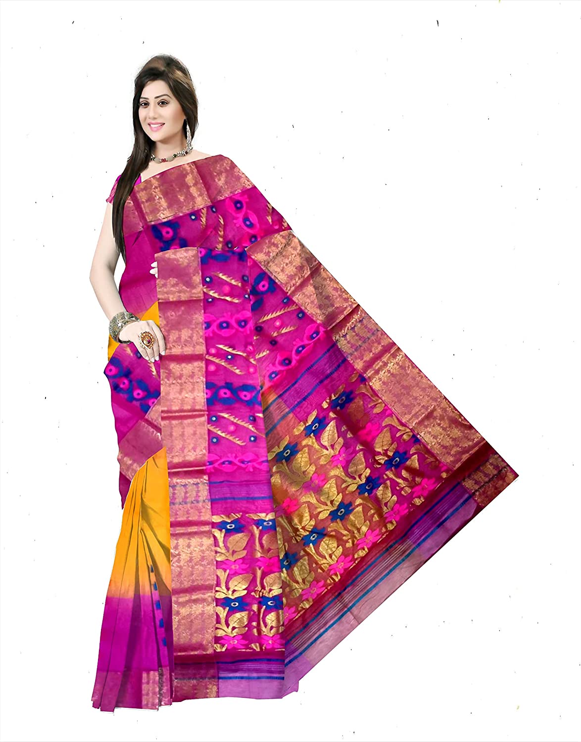 Pradip Fabrics Ethnic Women's Tant Silk Pink and Yellow Color Baluchari Saree