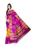 Pradip Fabrics Ethnic Women's Tant Silk Pink and Yellow Color Baluchari Saree