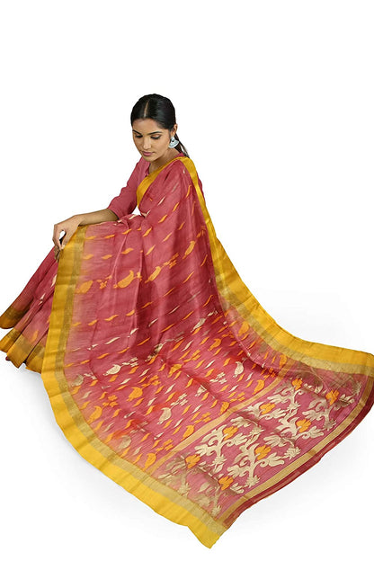 Pradip Fabrics Woven Tant Silk Blend Yellow and Red Baluchuri Saree