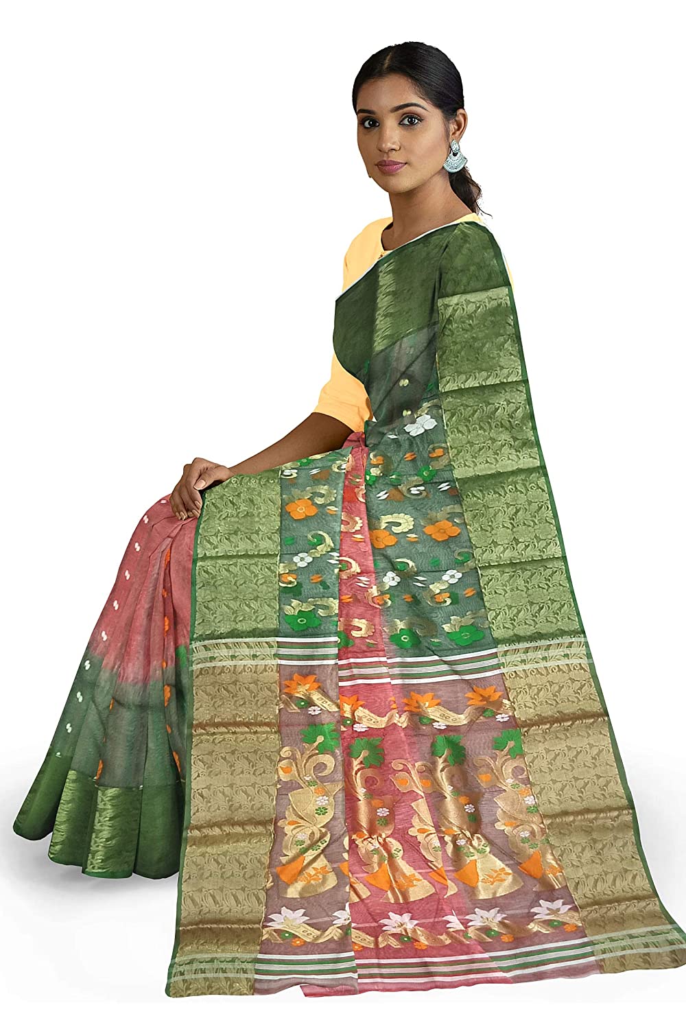 Pradip Fabrics Ethnic Women's Tant Silk Green and Orange Baluchari Color Saree