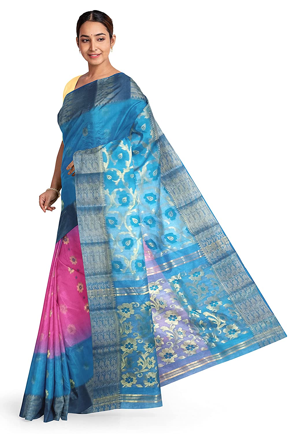 Pradip Fabrics Blue and Pink Tant Silk Blend Saree