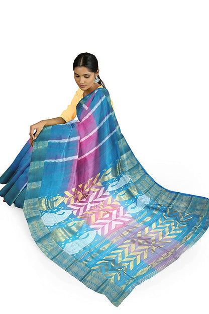 Pradip Fabrics Blue and Pink Tant Silk Blend Saree