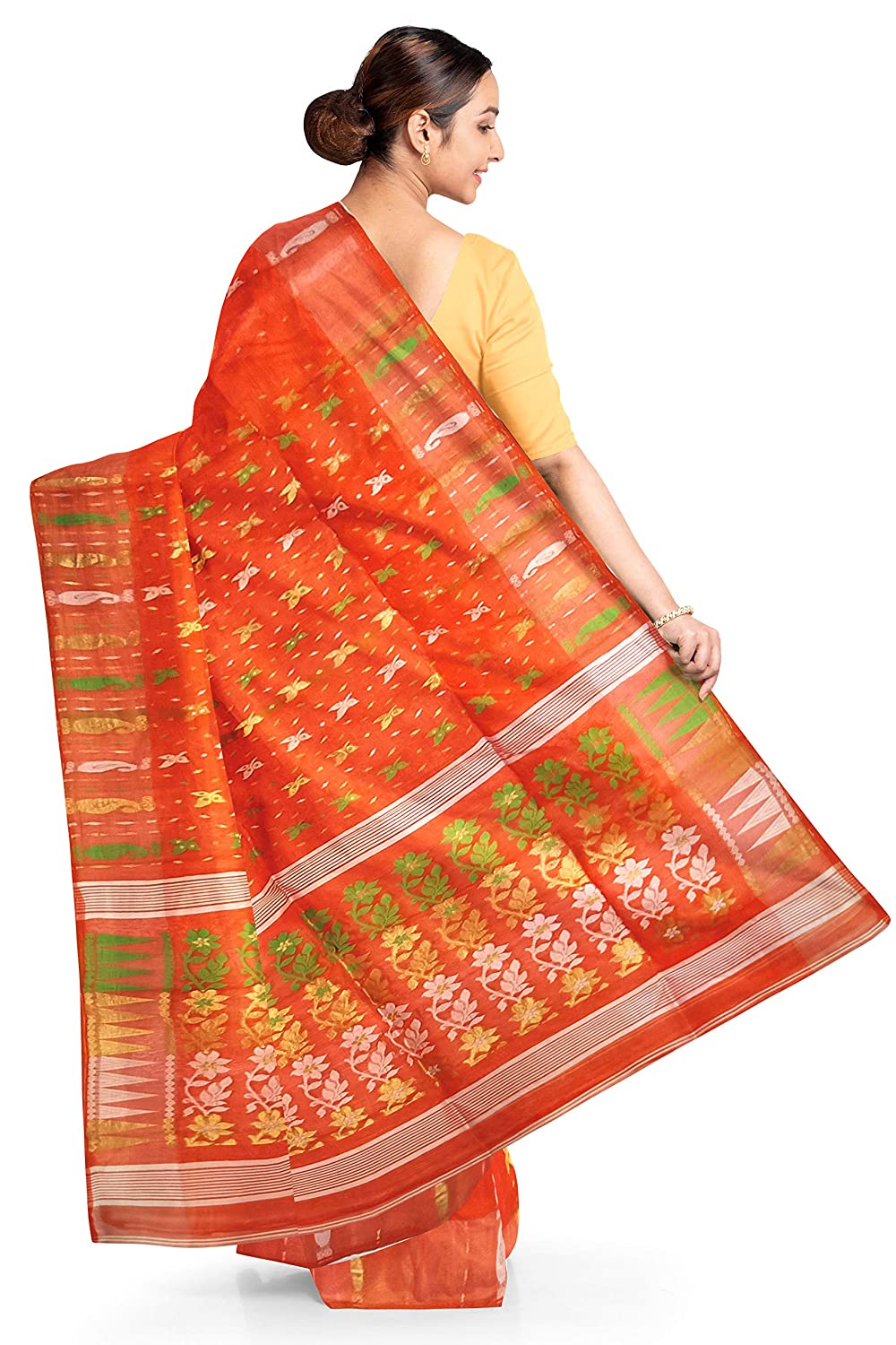 Pradip Fabrics Ethnic Women's Tant Jamdani Dark Orange Color Saree