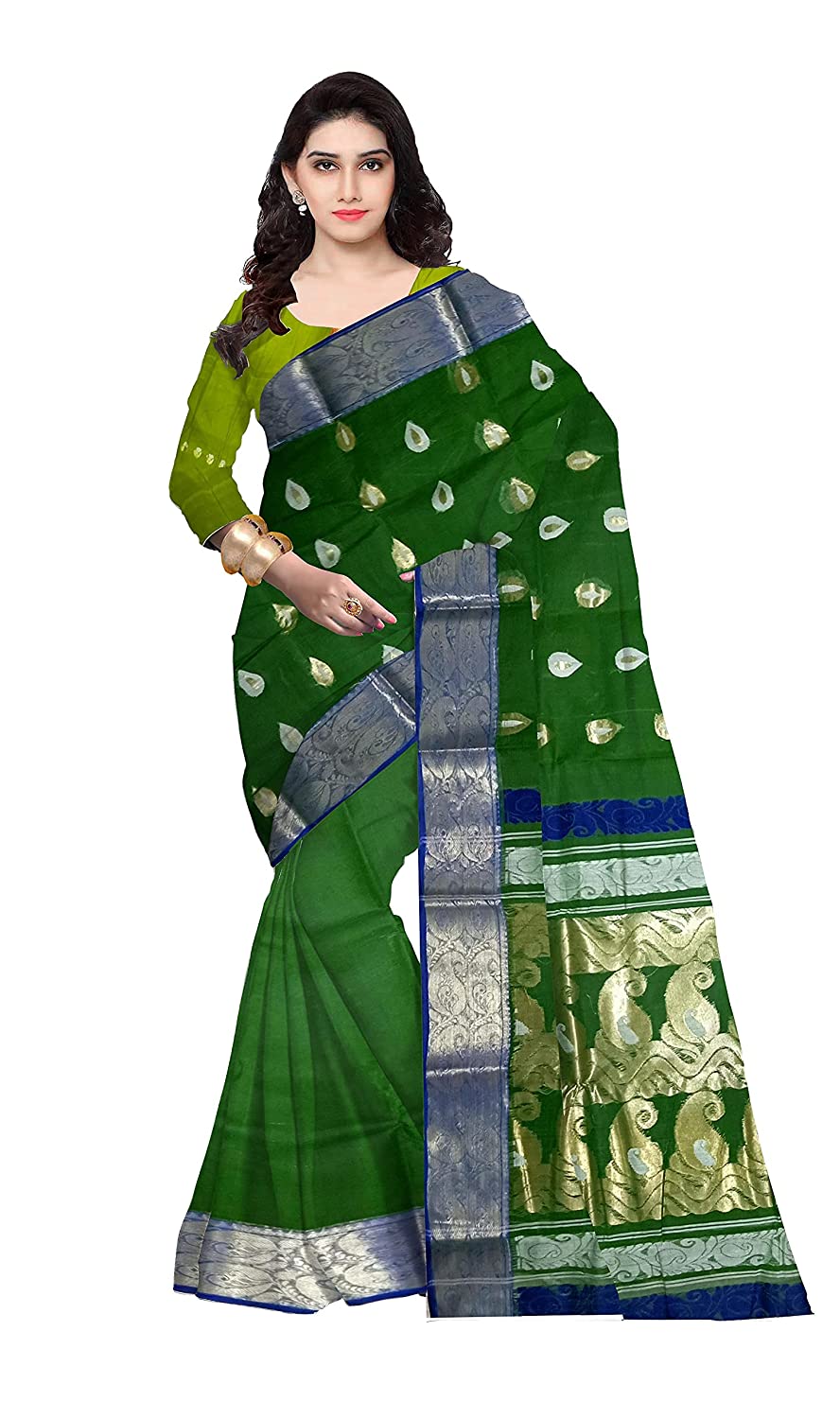 Pradip Fabrics Woven Tant Silk Green color Blend Saree