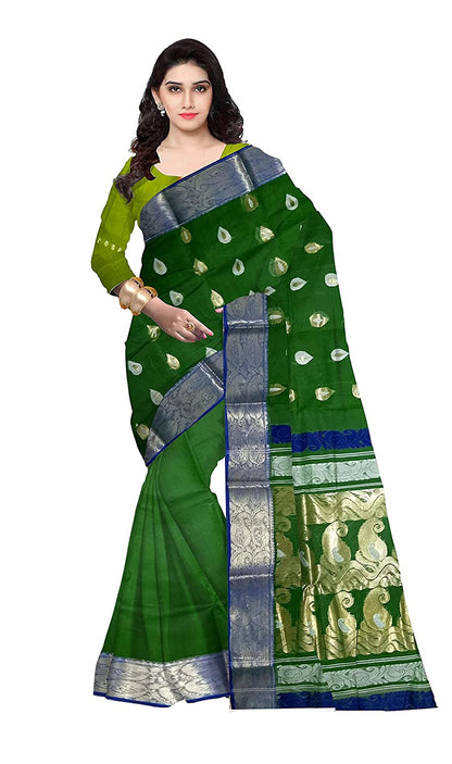 Pradip Fabrics Woven Tant Silk Green color Blend Saree