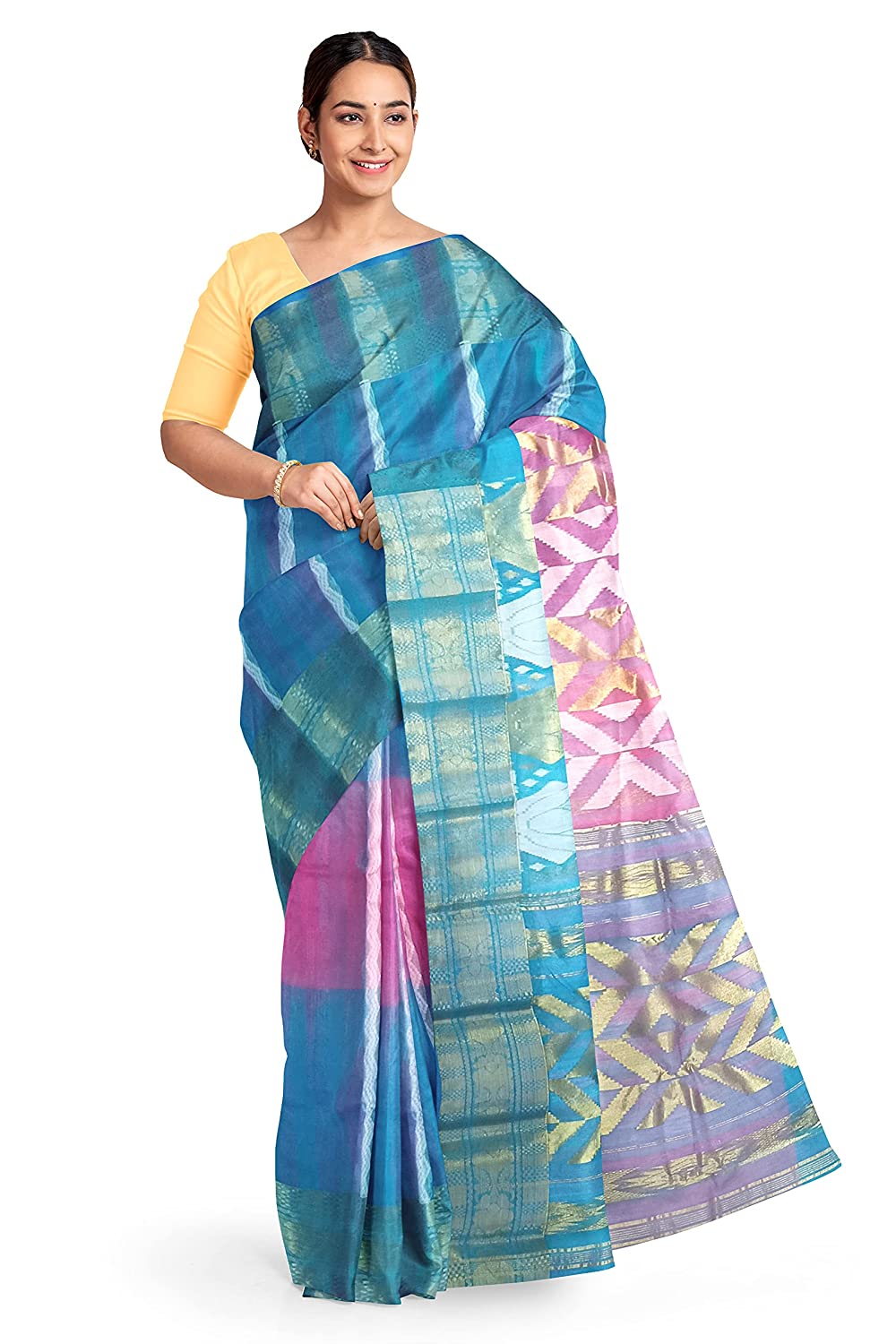 Pradip Fabrics Blue and Pink Tant Silk Blend Saree