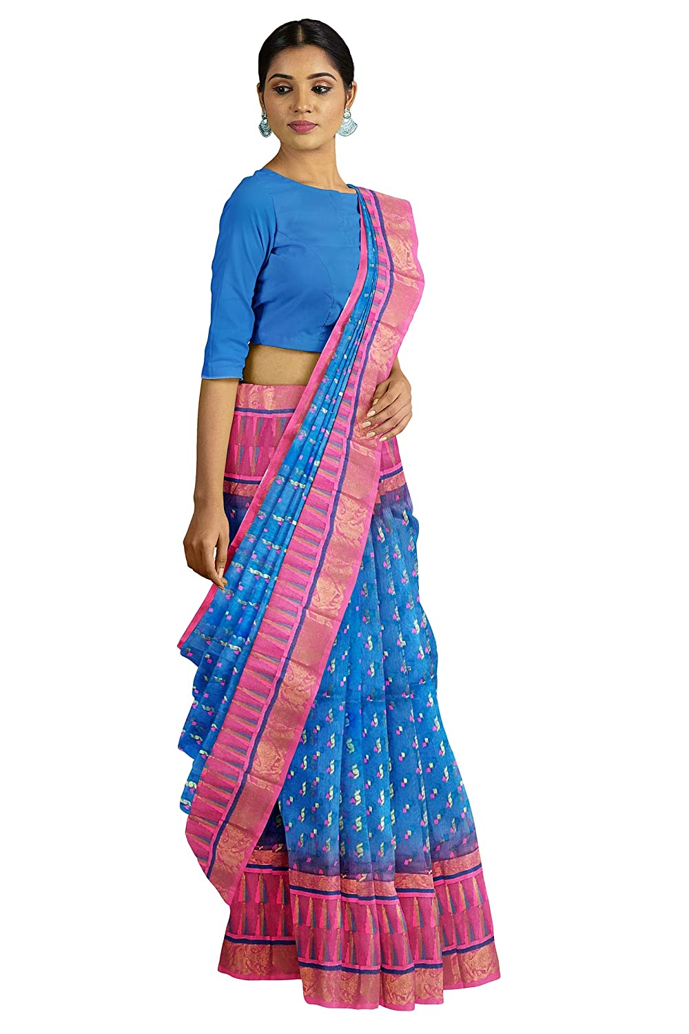 Pradip Fabrics Woven Tant Silk Blue and Pink Jamdani Saree
