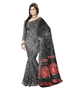 Pradip Fabrics Ethnic Women's Tant Silk Black Color Jamdani Saree