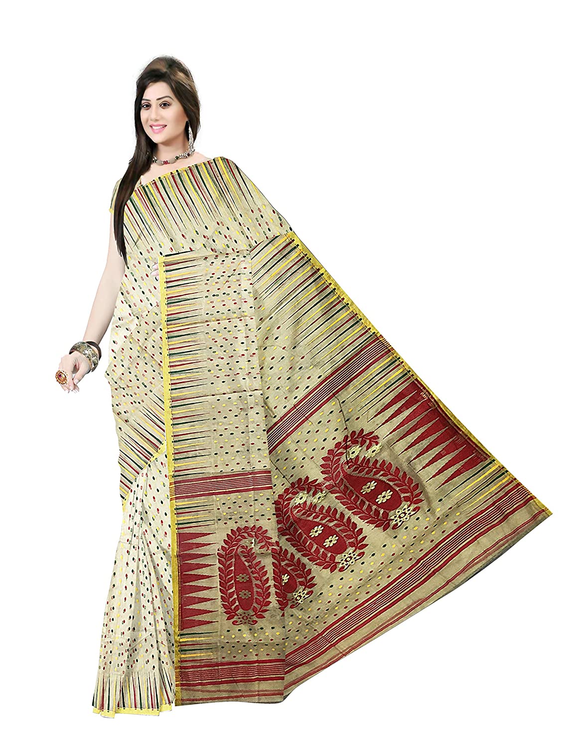 Pradip Fabrics Ethnic Women's Tant Silk Off White Color Jamdani Saree