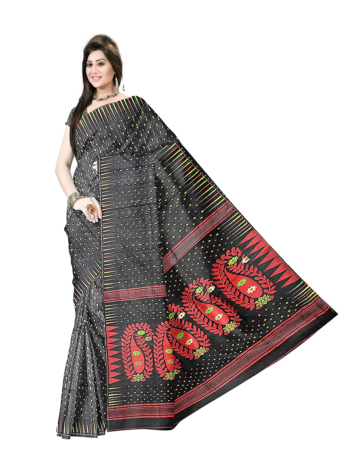 Pradip Fabrics Ethnic Women's Tant Silk Black Color Jamdani Saree