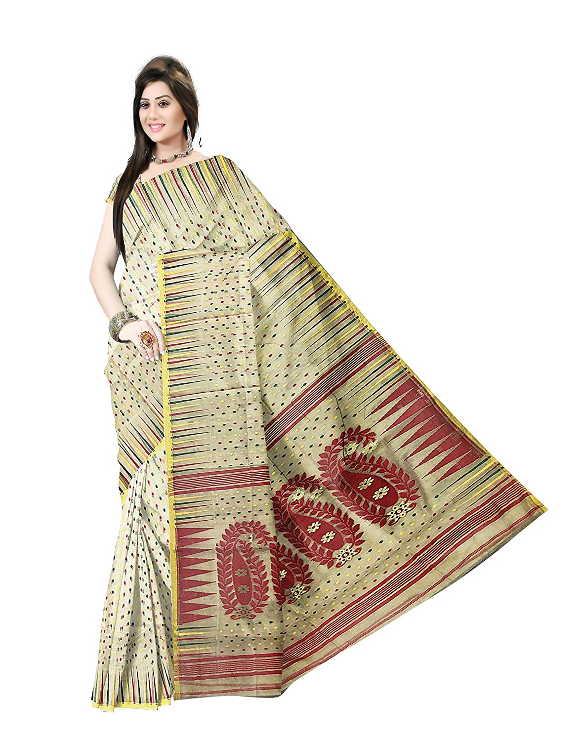 Pradip Fabrics Ethnic Women's Tant Silk Off White Color Jamdani Saree