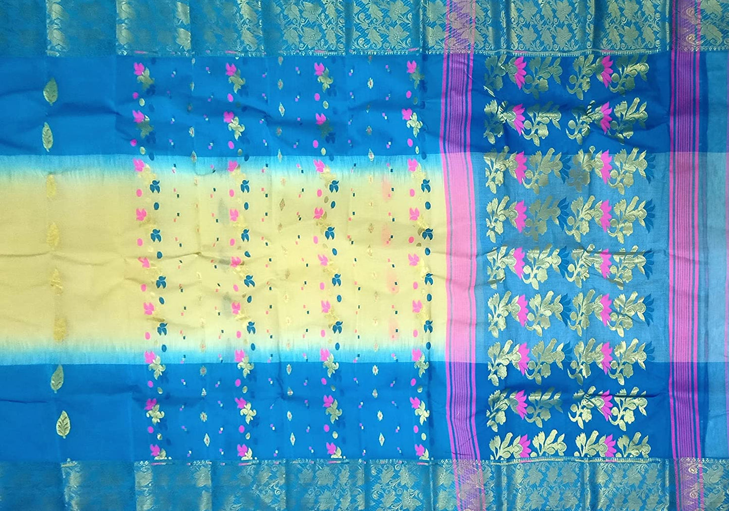 Pradip Fabrics Woven Tant Silk Sky Blue & Soft Yellow Color Saree